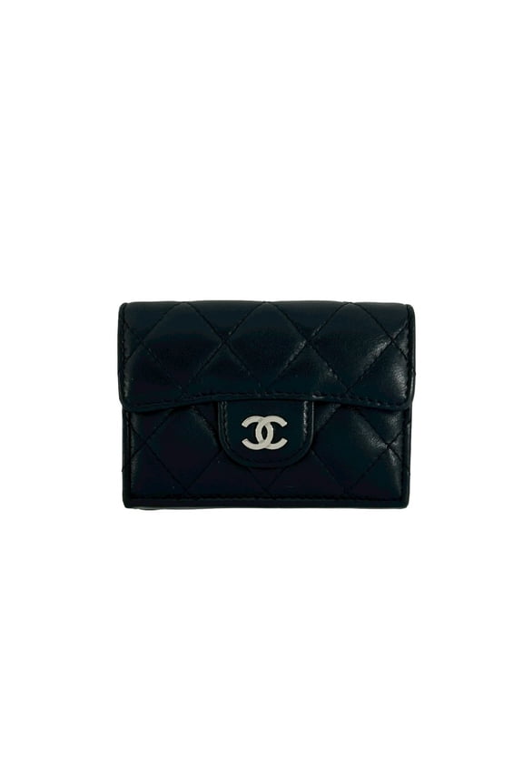 Pre-Owned CHANEL Matelass Coco Mark Lambskin Leather Tri-fold Wallet, Black, 37774