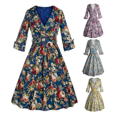 - Vintage Women Dress Autumn Retro Floral Print 1950s Style Elegant Size 2 4 6 8 10 12