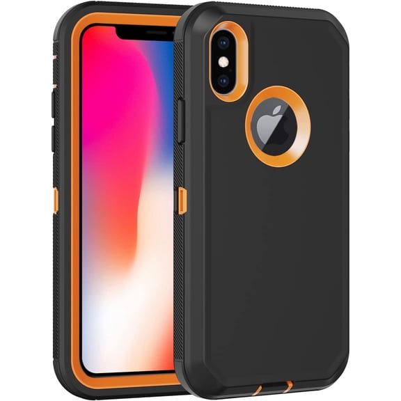 for iPhone X Case, iPhone Xs Case,with Built in Screen Protector Heavy Duty Drop Protection,Full Body Rugged Shockproof Dust Proof Protective Phone Cover for Apple iPhone X/Xs Black/Orange