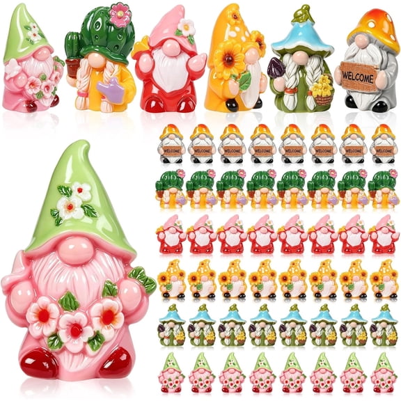 Yhh 60 Pcs Spring Mini Gnomes Figurines 6 Style Spring Resin Gnome Decorations with Sunflower Cactus Flowers for Landscape Aquarium Home Desk Decor