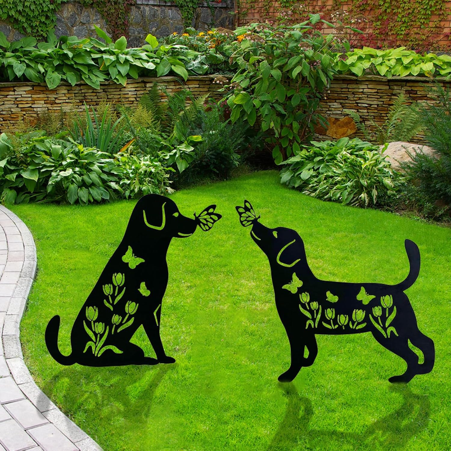 2pcs Dog Garden Stakes with Butterflies & Flowers - Metal Iron Labrador Silhouette Decorative Yard Art - Weather-Resistant Animal Statues for Outdoor Garden, Lawn, Patio, Planter Decor - Dog Lover Gi