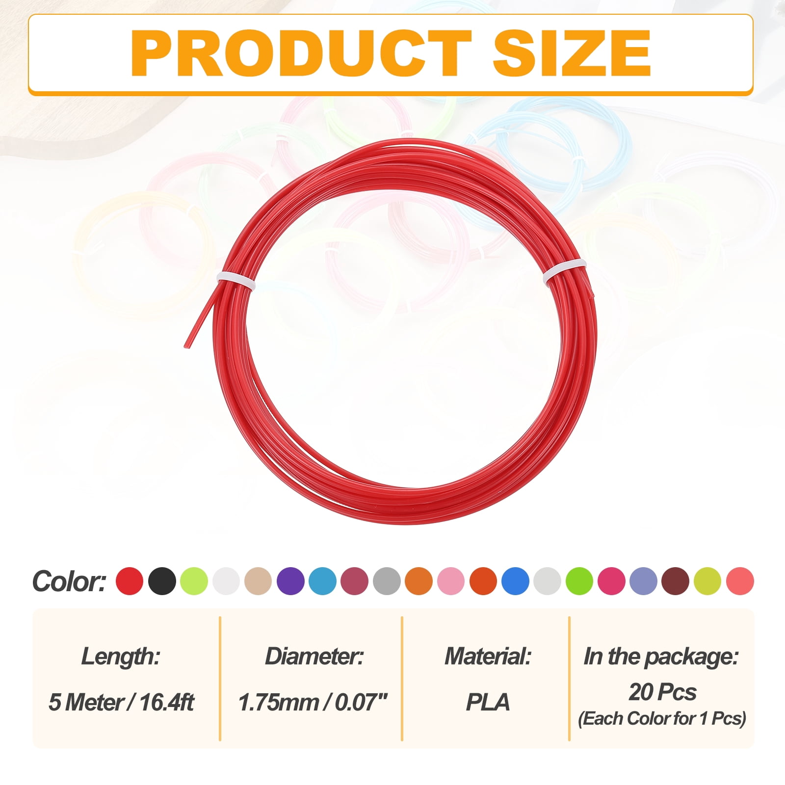Uxcell 20 Pcs 3D Pen Filament, 1.75mm Dia 16.4ft Length PLA 3D Printing Pen Filament Refills for 1.75mm 3D Printing Pen, 20 Colors