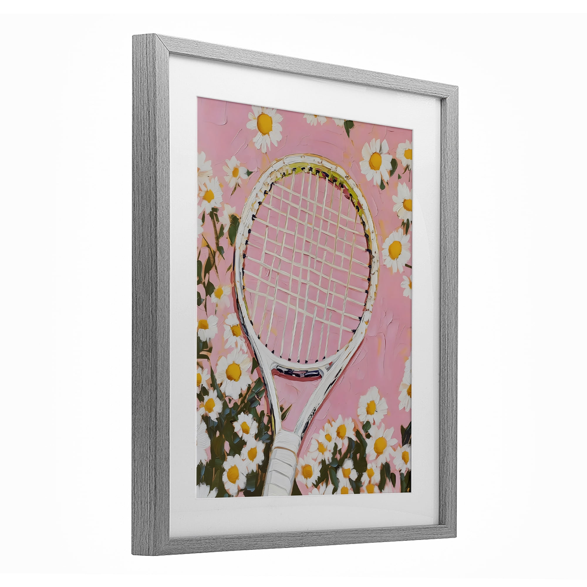 Stupell Industries Pink Tennis Racket & Daisies Gray Framed Print Under Glass, design by LSR Design Studio