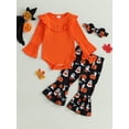 thumbnail image 2 of Wassery Baby Girls Halloween Clothes Long Sleeve Ribbed Romper Ghost Pumpkin Print Flared Pants Headband 3 6 9 12 18 Months Newborn Fall Winter Outfits Set, 2 of 8