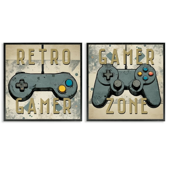 Stupell Industries Retro Gamer Controllers Entertainment Painting Black Framed Art Print Wall Art, 12 x 12, Set of 2