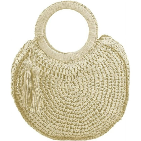 Kukuzhu Summer Beach Straw Handbag Hand-Woven Tassel Trendy Round Tote Bag Purse for Women Girls
