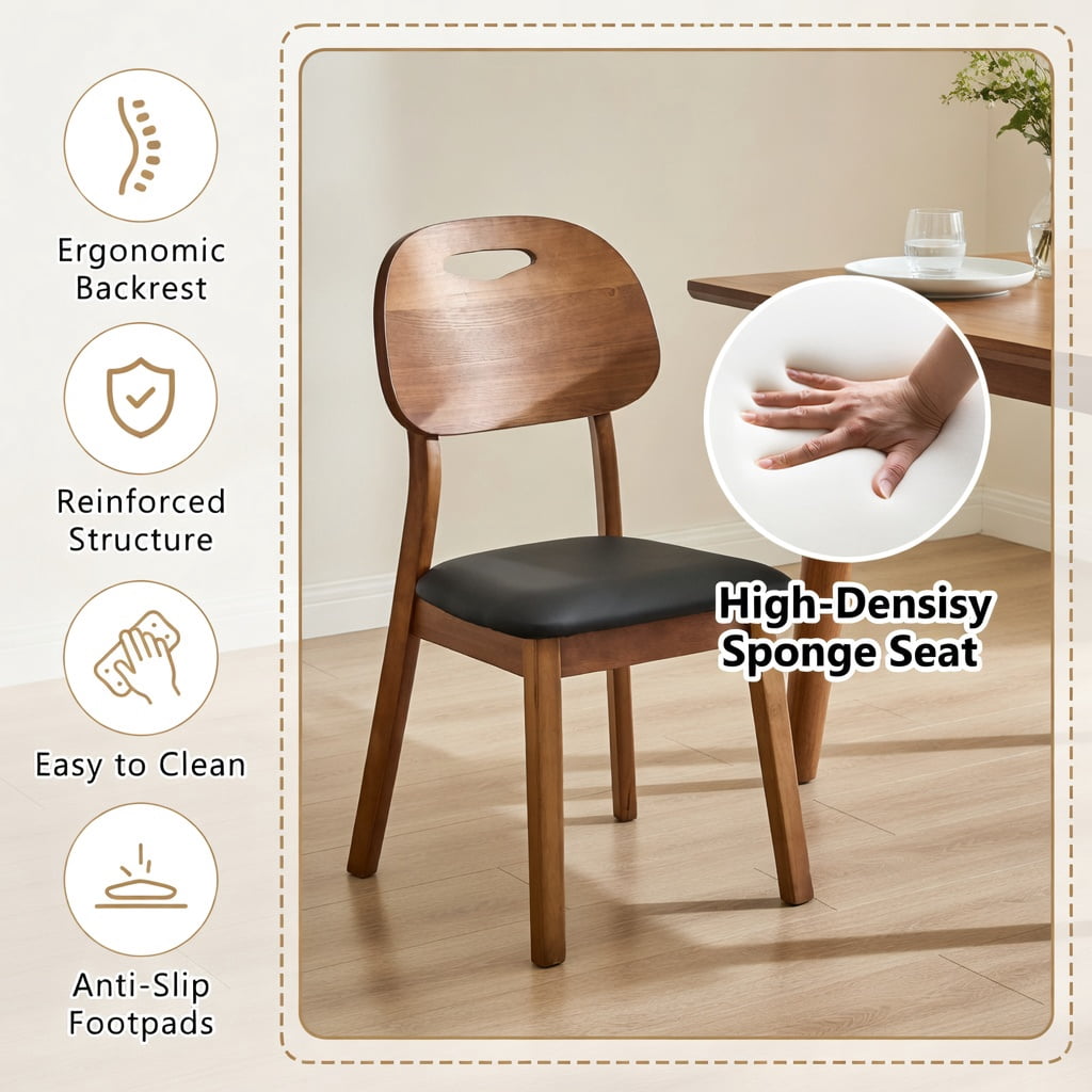 Hommoo 2-Pack Solid Wood Dining Chairs with PU Cushions, Ergonomic Hollow-Back Design, Scratch-Resistant Finish, Ideal for Dining Room, Home Office & Cafe, Black & Walnut