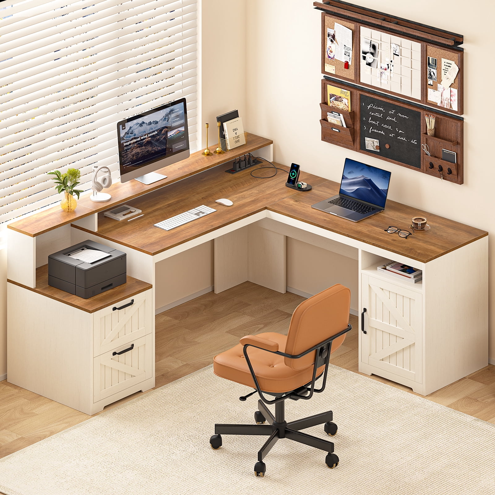 63" Farmhouse L Shaped Executive Desk with Drawers & Storage Shelf, Corner Computer Desk with Power Outlets, L Shaped Office Desk with Monitor Stand, Printer Shelf, Antique White