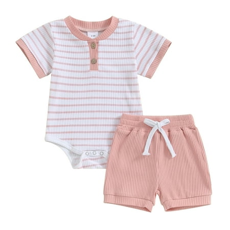 

Elippeo Baby 2 Piece Outfits 3 6 9 12 18 Months Striped Short Sleeve Romper and Elastic Shorts Set for Toddler Newborn Girl Boy