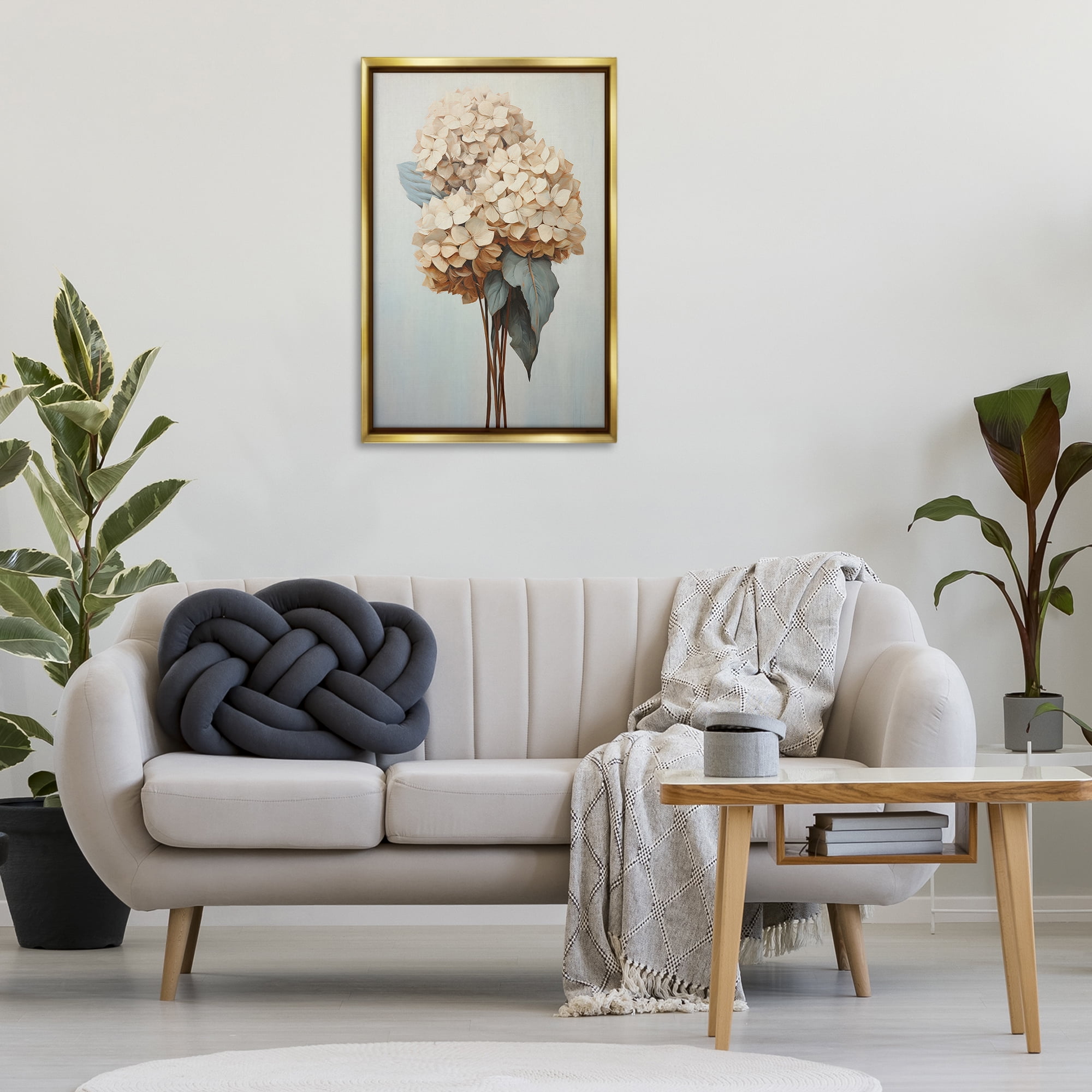 Stupell Industries Vintage Hydrangea Florets Plants & Flowers Painting Gold Floater Framed Canvas Art Print Wall Art, 21 x 31