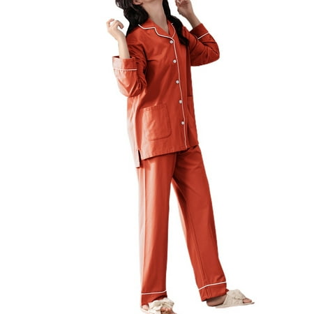 

Homgro Women s Soft Cotton Pajamas Set Button Down Pjs Long Sleeve Long V Neck Pant Lounge Set Red 12