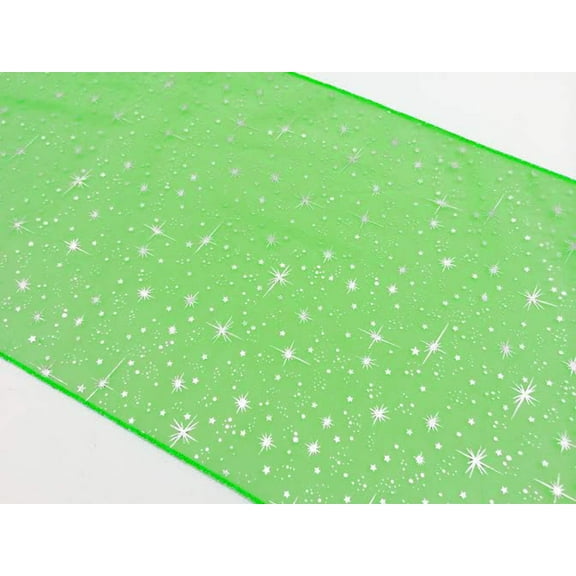 Light Weight Sheer Organza with Silver Stars Decorative Table Runner Green