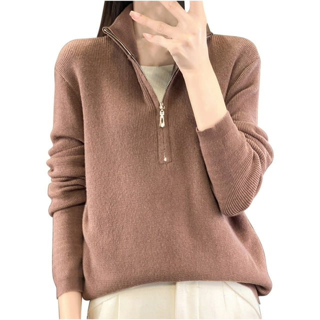 cfhntfmh Women's Quarter Zip Sweaters Solid Color Sweater Mock Turtleneck Pullover Fall Fashion Outfit Winter Clothes