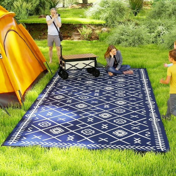 Outsunny Outdoor Patio Rug, Large Camping Carpet with Carrying Bag, 9' x 18' Waterproof Plastic Straw, Reversible, Blue & White Rhombus