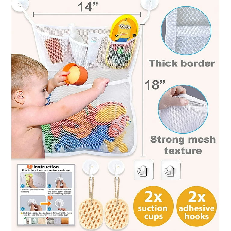 Jeexi Bath Toy Organizer Storage Mesh – 2 Pack with ABC Letters & 0-9  Numbers, Hanging Baby Bath Toy Holder with Adhesive Hooks & Suction Cups,  Mesh Net Shower Caddy for Bathtub