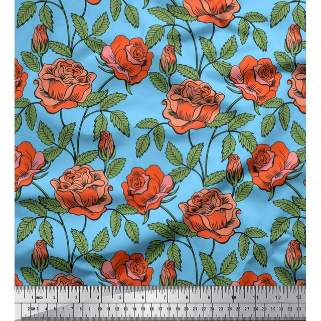 Soimoi Tissu en Coton Canevas Feuilles & Roses Tissu Floral Imprimés au Mètre 42 Pouces de Large