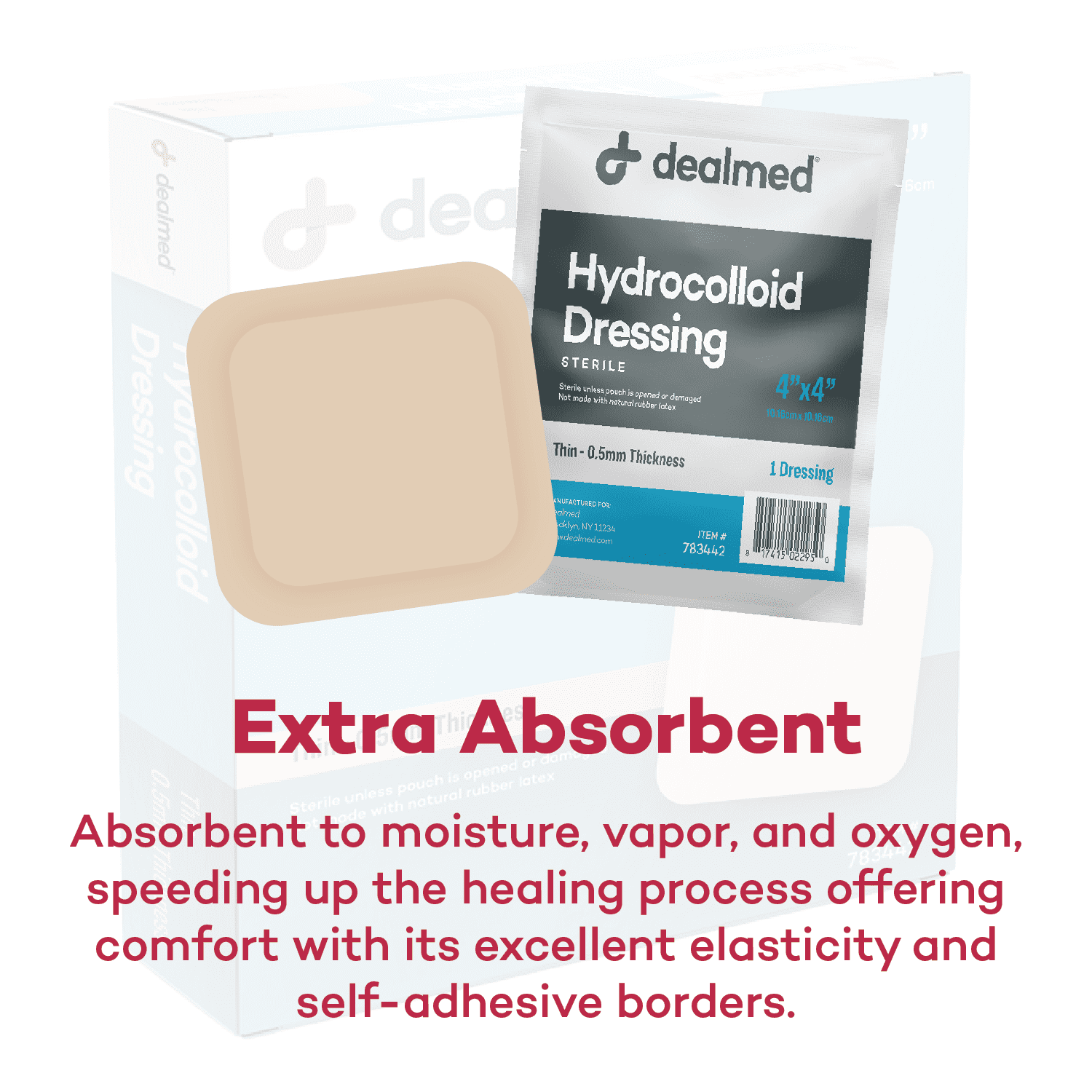 Dealmed 4" x 4" Hydrocolloid Dressing, Thin .5mm | Sterile Individually Packed Dressings | Provide Moist Wound Healing Environment (Thin, Case of 240)