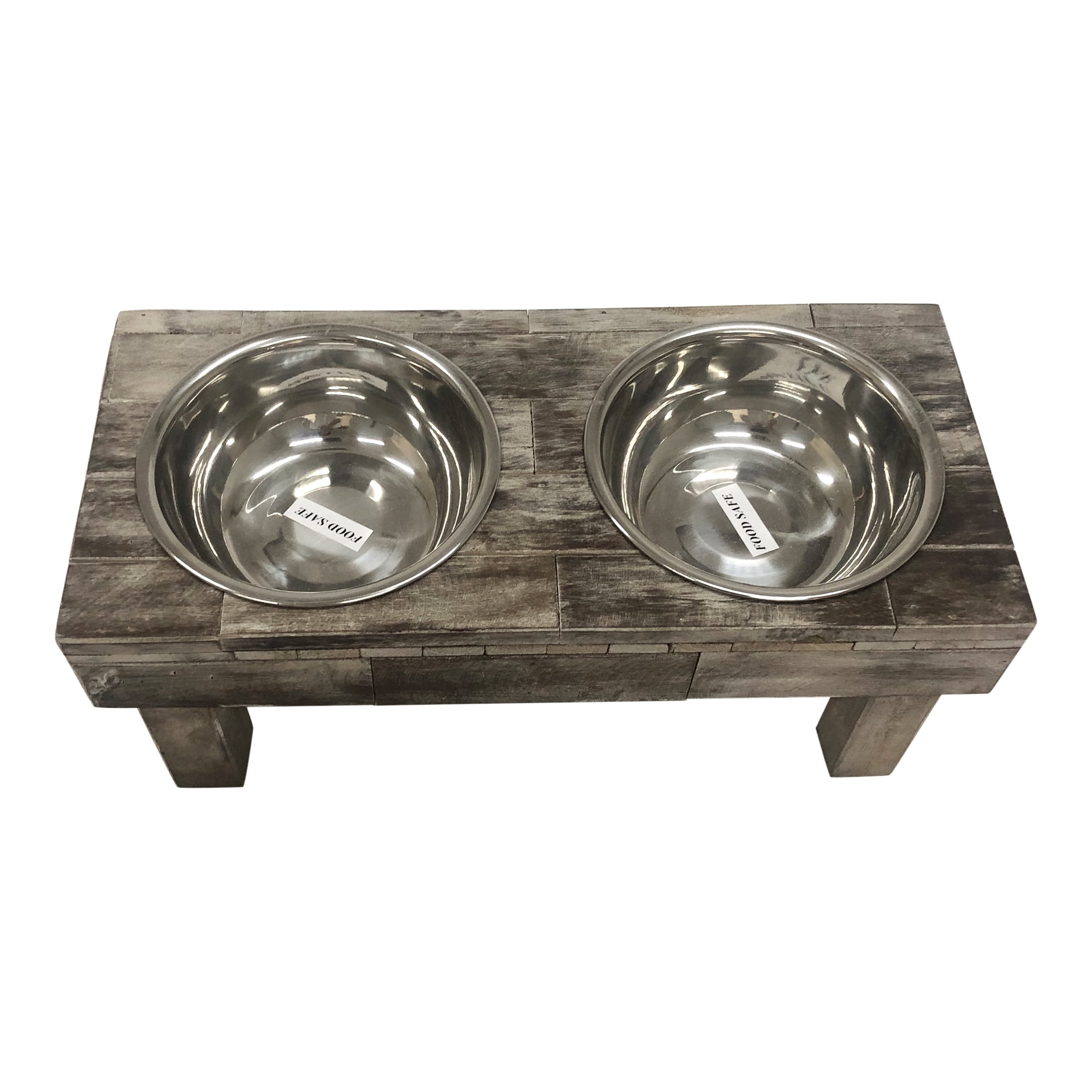 Huntley Pet Berjen Table Elevated Double Bowl Pet Feeder, Brown Wash (Small)