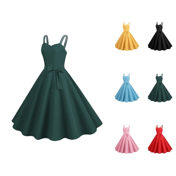 1950s Dresses for Women Sleeveless Spaghetti Strap V Neck Bow Tie Waist A Line Flowy Midi Dress Cocktail Dresses