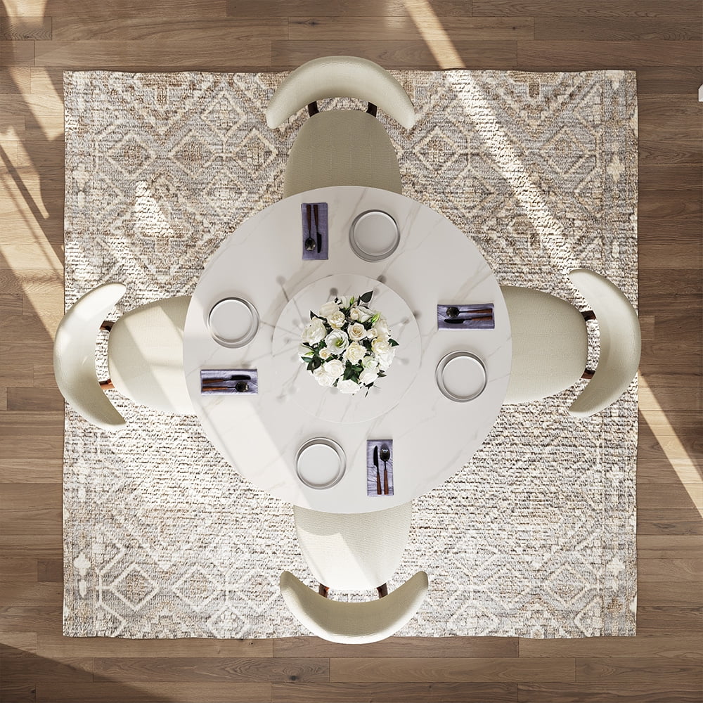 POVISON 51" Modern White Round Dining Table with Lazy Susan for 4-6, Tempered Glass Tabletop,Carbon Steel Base