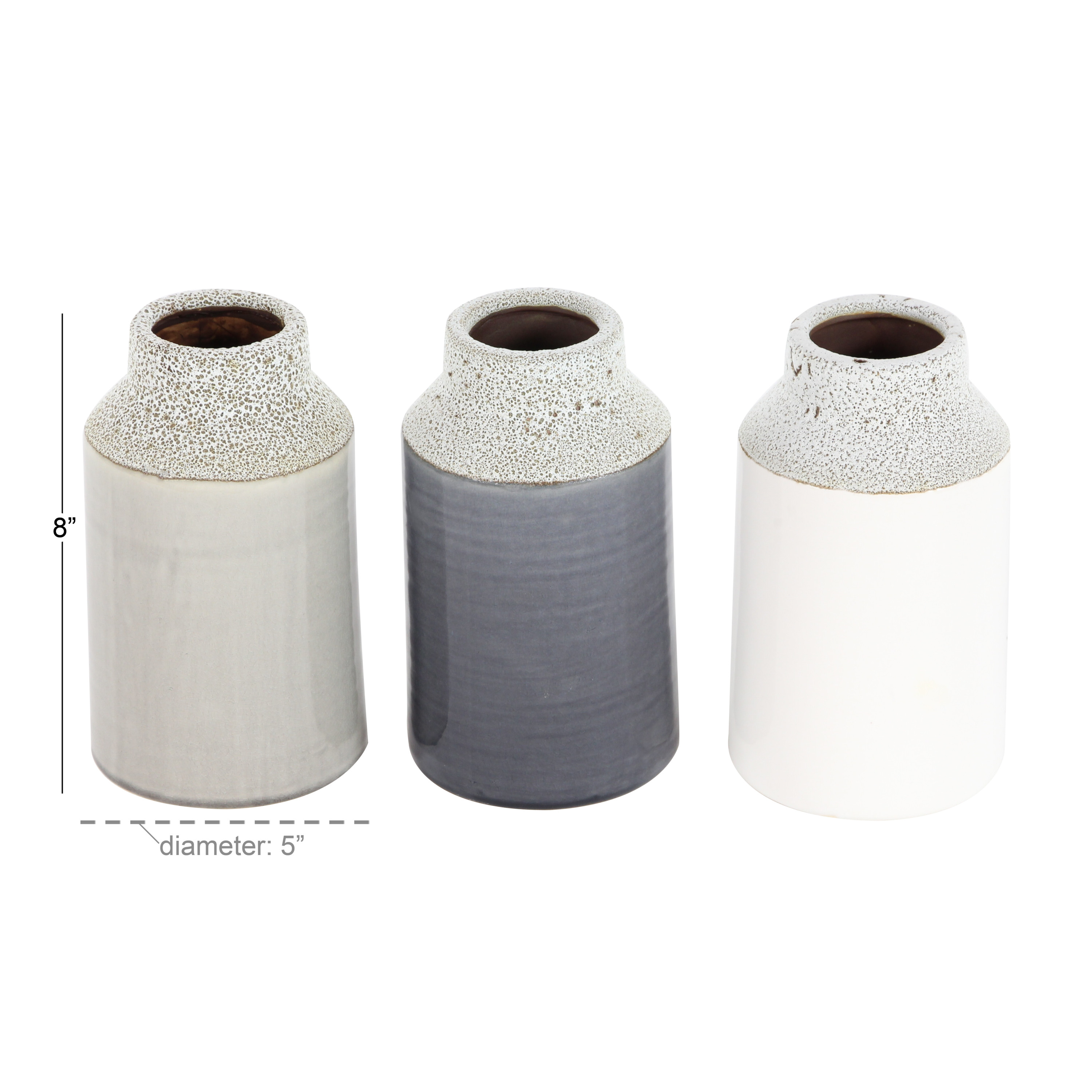 DecMode Ceramic Earthy, Coastal ,Minimalist, Neutral Vase Set of 3 5"W, 8"H, Matte and Textured Glaze Finish, in White, Beige and Charcoal Gray