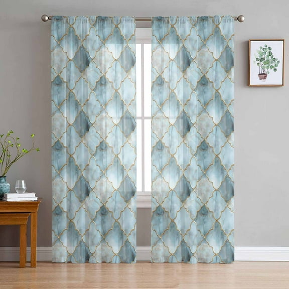 Teal Morocco Sheer Curtains 72 Inches Long 2 Panels Set, Window Sheer Curtains for Living Room/Bedroom, Modern Abstract Art Contemporary Geometric Light Filtering Rod Pocket Curtain 52'' x 72'' x 2