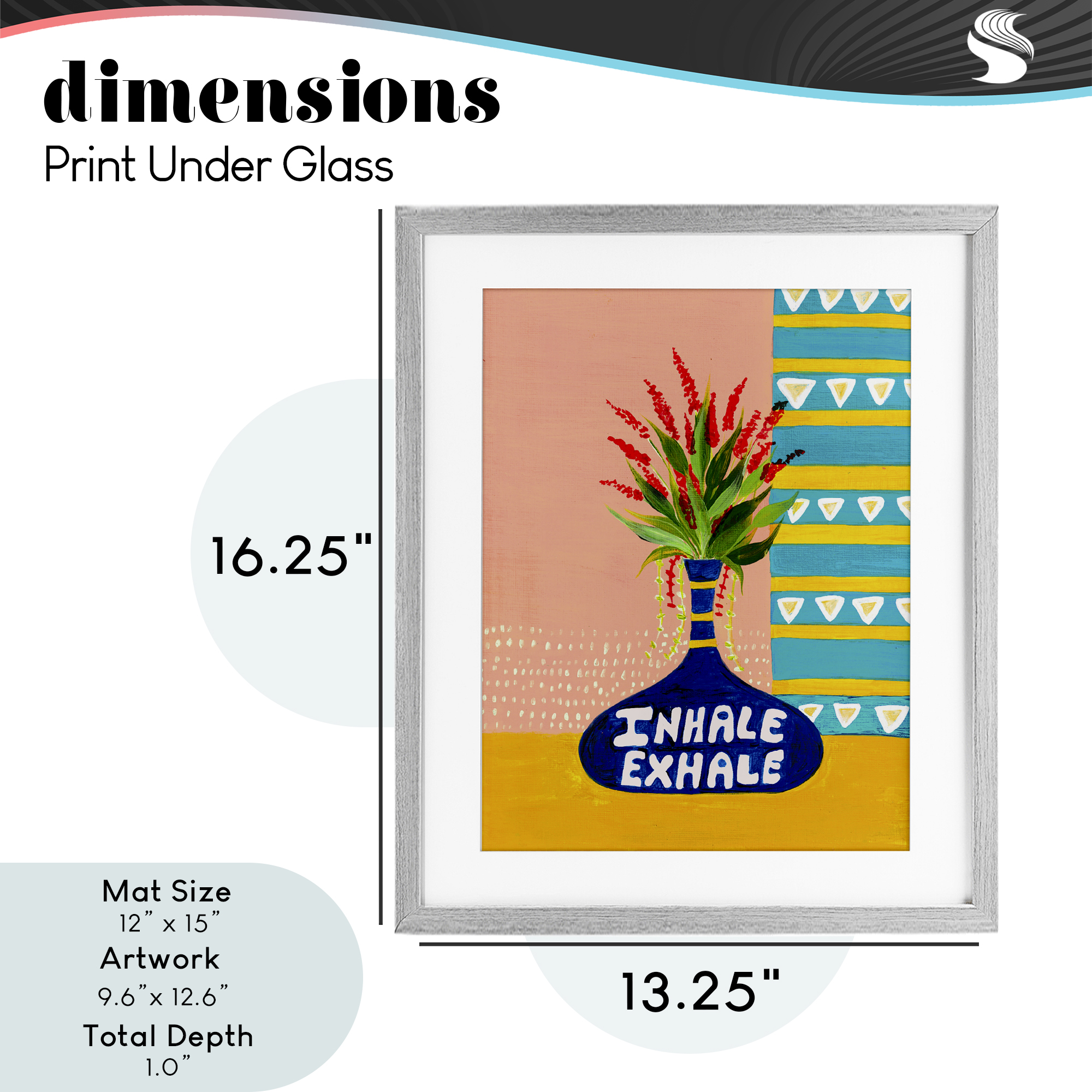 Inhale Exhale Flower Vase Gray Framed Print Under Glass, design by Nabeela Rumi