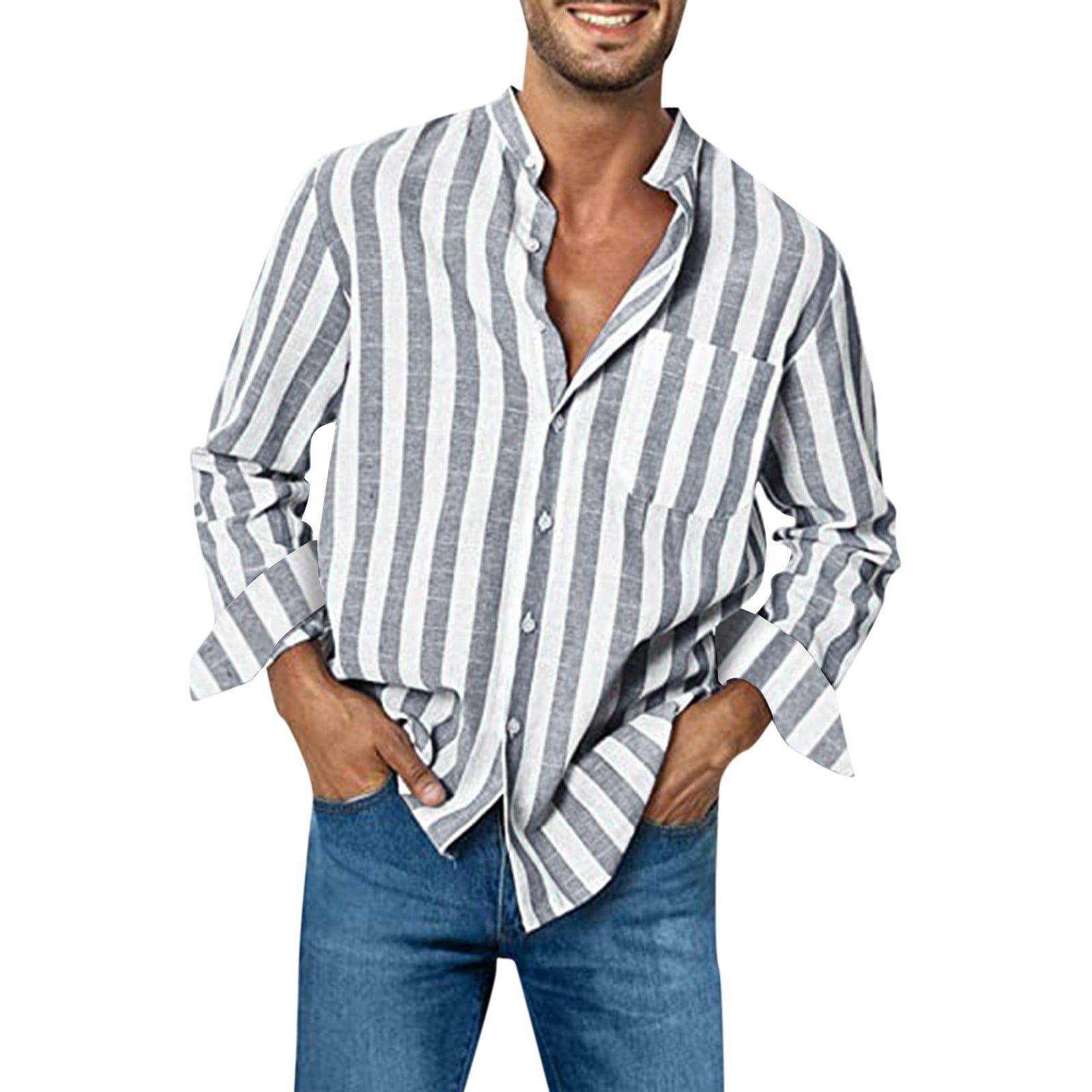 シャツ shoop clothing buckle shirts SHIXIAOO Mens Fashion Casual Striped Linen Buckle Collar Pocket