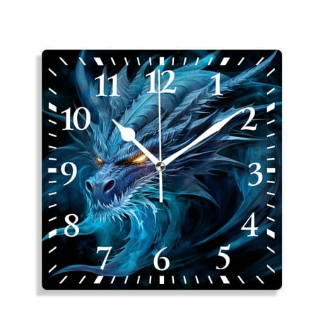12 Inch Wall Clock Battery Operated Silent Clock Decorative for Office, Kitchen, Outdoor, Living Room，Abstract Blue Fire Flame Dragon Head on Black Background Pattern