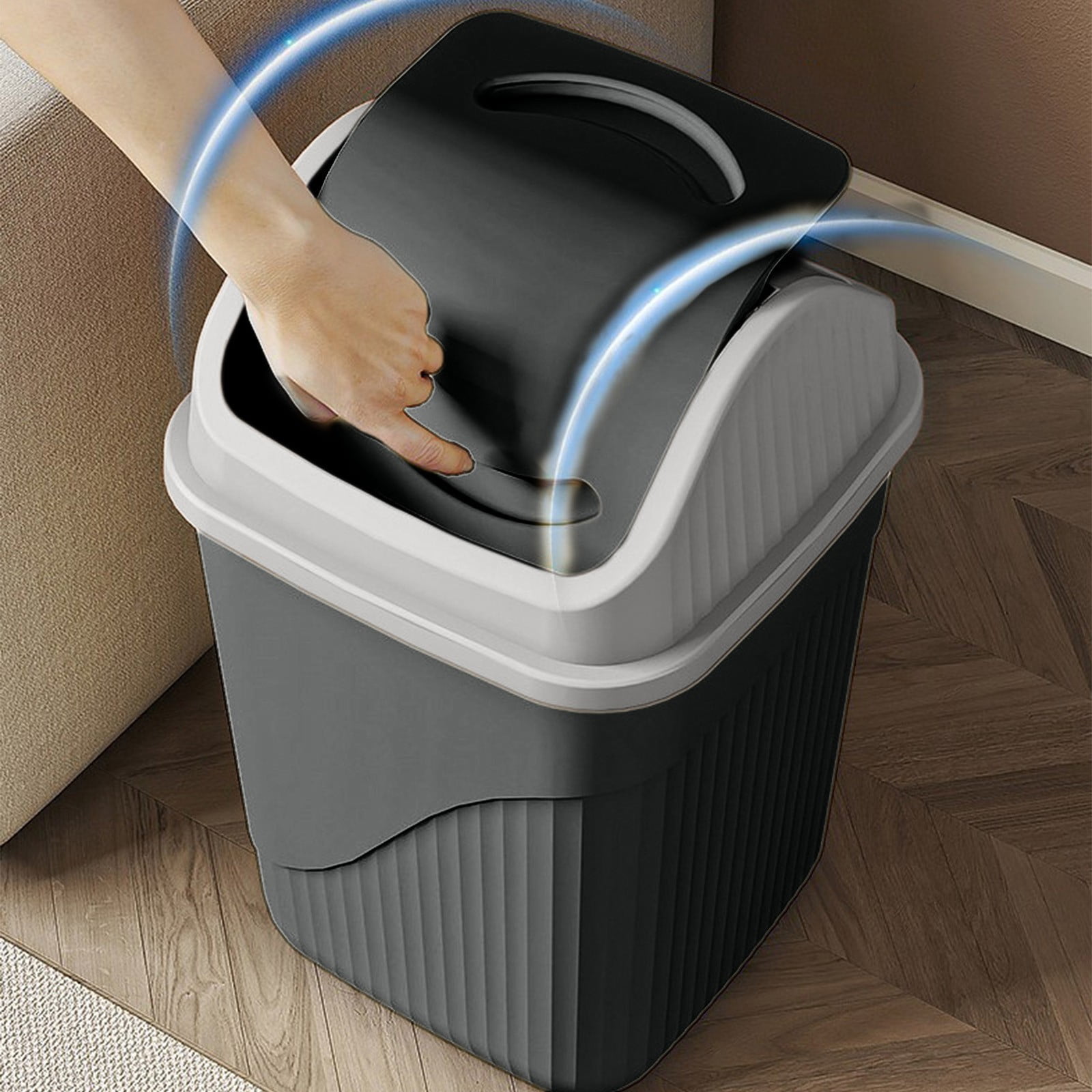 Floleo 13.7 Inch Swing Top Trash Can, Small Bathroom Office Garbage Bin with Lid, Odor Control Kitchen Wastebasket for Home, Black Plastic Step Can 5 Gallon
