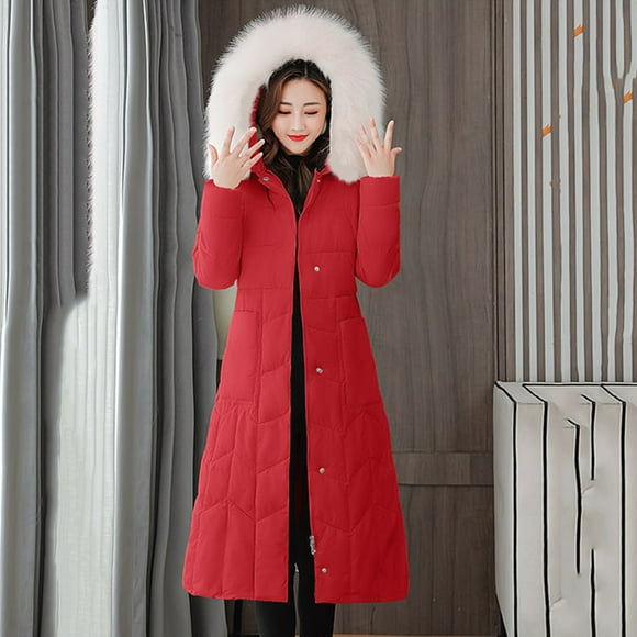 Bmisegm Women Fashion Outerwear Long Cotton-padded Jackets Pocket Suede Hooded Coats Red L