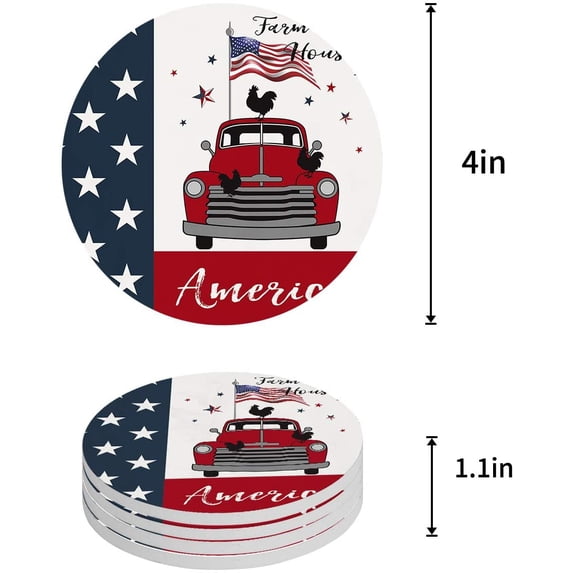 FMSHPON Independence Day Vintage Pickup Truck American Flag Retro Car Farm House Set of 6 Round Coaster Drinks, Absorbent Ceramic Stone Coasters Cup Mat Cork Base Coffee Table Bar Decor