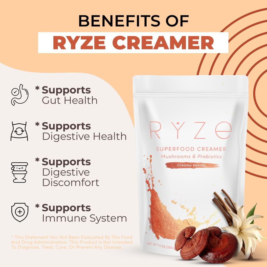 RYZE Superfood Probiotic Creamer with 6 Organic Adaptogenic Mushrooms & 1 Billon CFU Probiotics for Energy, Focus, Digestion, Immunity, 30 Serving