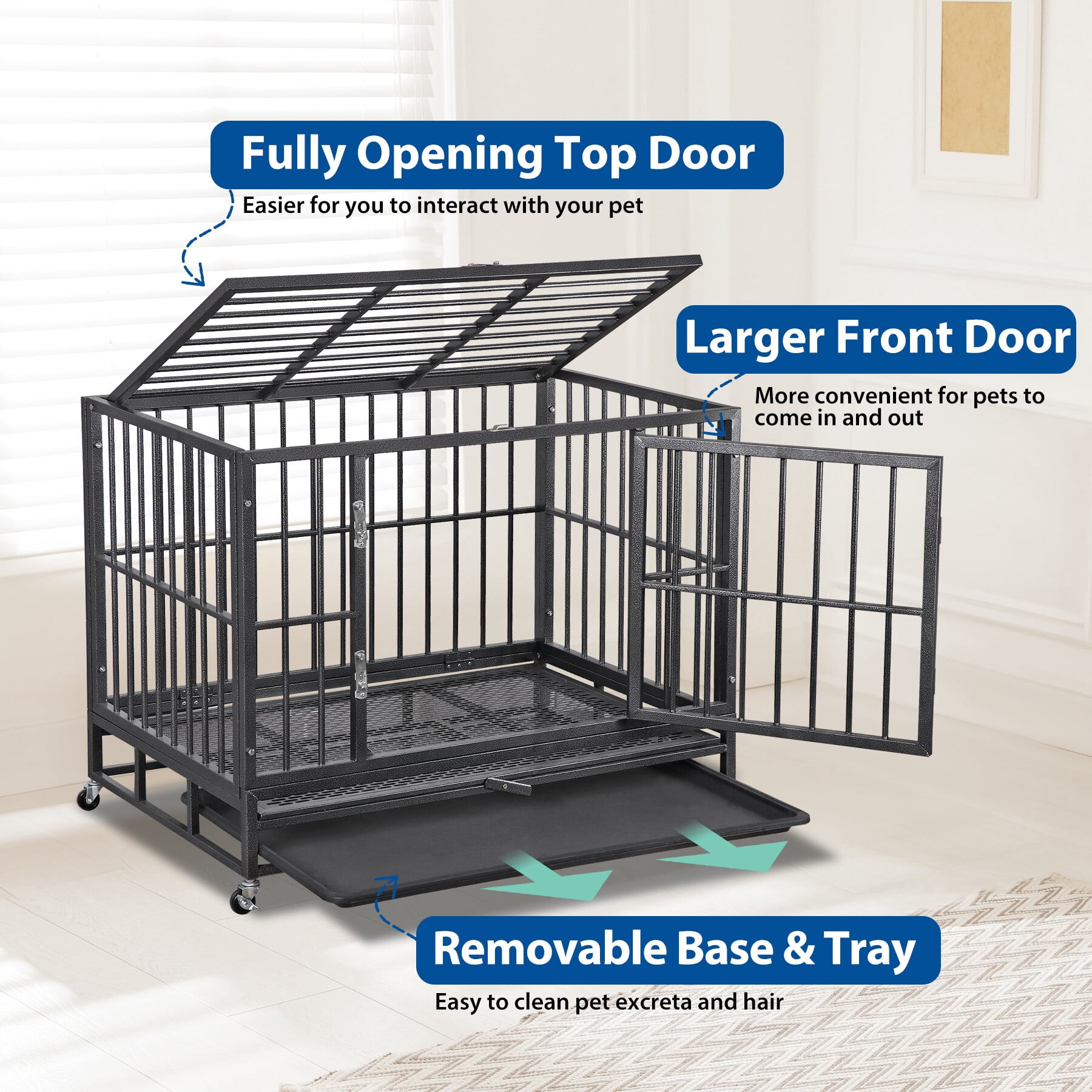 HomGarden 38-in Heavy Duty Pet Dog Crate High Anxiety Medium Dog Cage Kennel W/Lockable Wheels & Tray