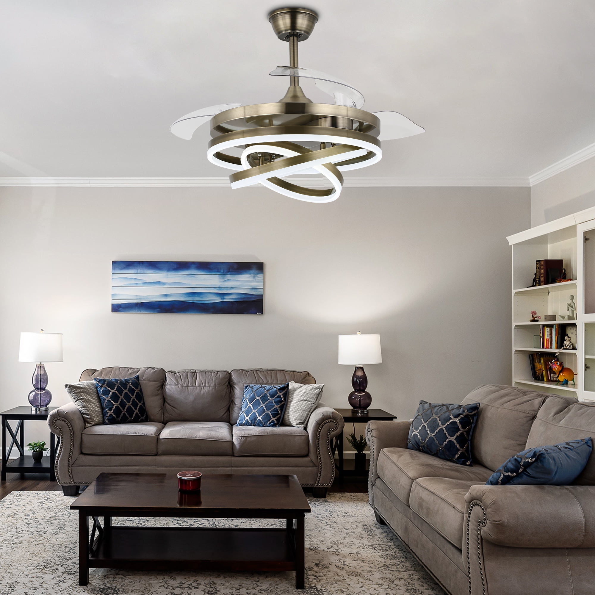 42Inch Modern Reversible Ceiling Fan with Dimmable LED Light, 6-Speed DIY Shape Retractable Ceiling Fan with Remote