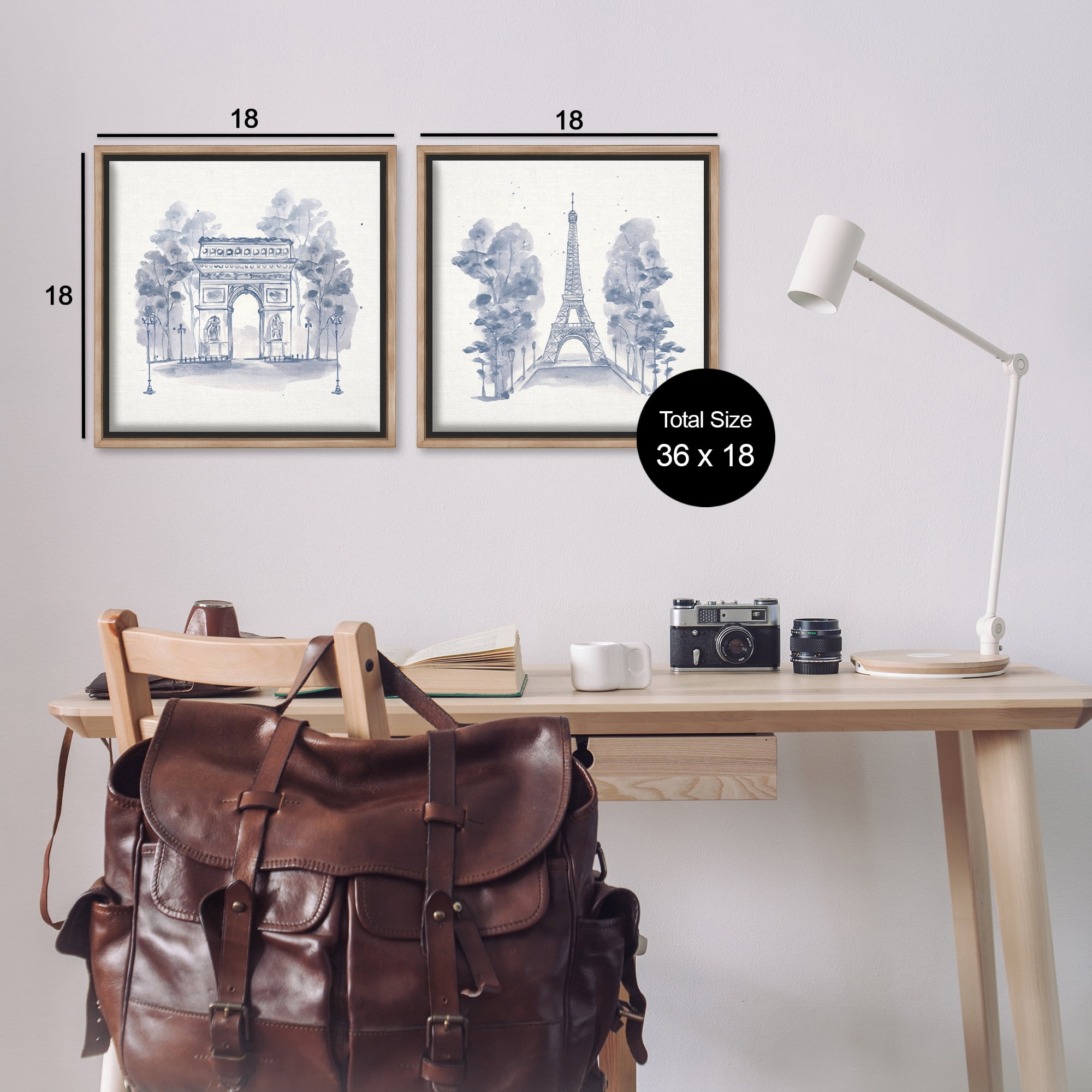 Stupell Industries French Landmarks in Blue Buildings & Architecture Painting Brown Floater Framed Canvas Art Print Wall Art, 18 x 18, Set of 2