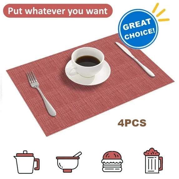 Howarmer Placemats Set of 4, Heat Resistant Non-Slip Place Mats for Dining Table, Washable Durable PVC Vinyl Woven Table Mats for Christams（Red, 4）