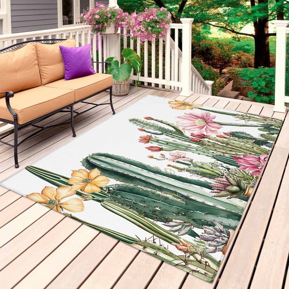 Green Cactus Outdoor Rug for Patio/Deck/Porch, Non-Slip Large Area Rug 5 x 7 Ft, Spring Floral Watercolor Botanical Indoor Outdoor Rugs Washable Area Rugs, Reversible Camping Rug Carpet Runner