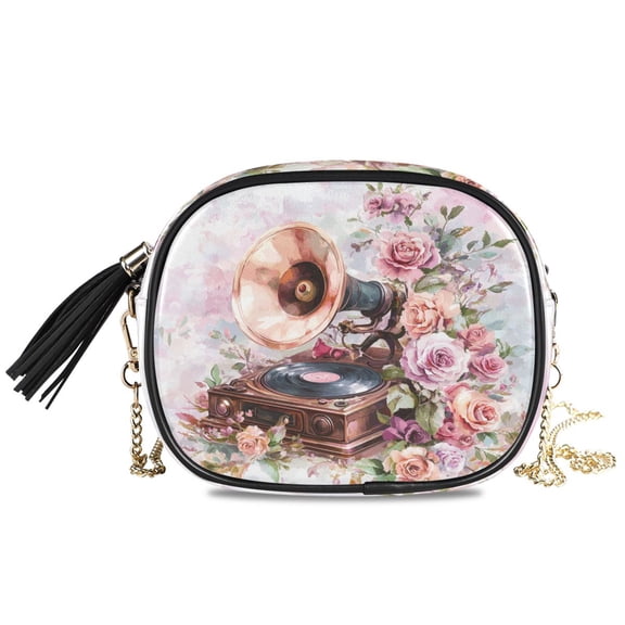 Womens Casual Chain Shoulder Bag Simple style Gramophone with Floral Design Crossbody Bag