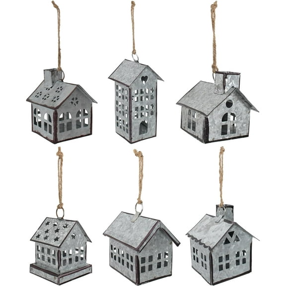 Set of 6 Pieces Assorted Christmas Ornament, Village Houses, Farmhouse Decor, Tin Houses Galvanized