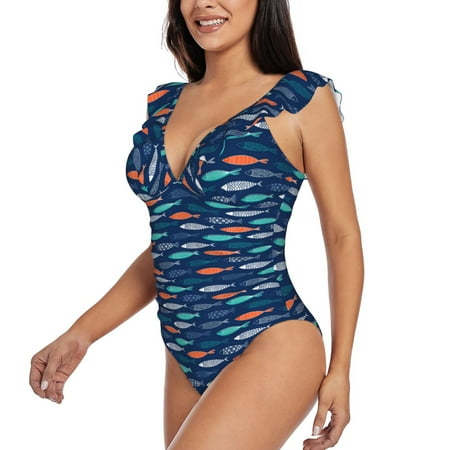 Salouo Colorful Fish 3 for Women s Sexy One Piece Swimsuits Ruffle Tummy Control Bathing Suit Slimming Swimwear