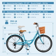Lilypelle 24/26inch Beach Cruiser Bicycle for Women, 7 Speed Step Through Adult Commute Bike with Basket & Rack,Blue