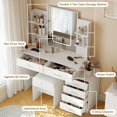 thumbnail image 3 of Makeup Vanity Set, Modern Vanity Desk with Lighted Mirror, Power Outlet, 6 Drawers, 4 Open Shelves, Lighted Make Up Table and Padded Stool for Small Bedroom, Apartment, 3 of 6