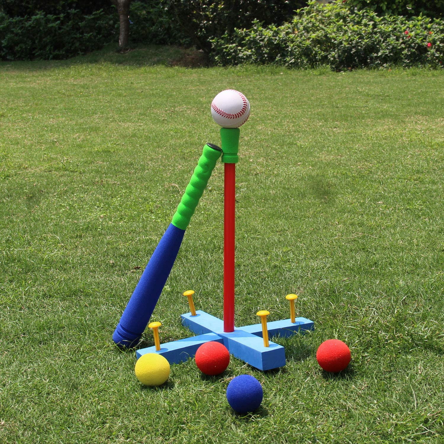 CELEMOON  16.5 inch Foam T Ball Kids Baseball Softball Bat Set Batting Tee, 8 Colored Balls Included + Carry Bag, for Toddler 2 3 4 Years Indoor Outdoor Sport Playing Toys, Blue