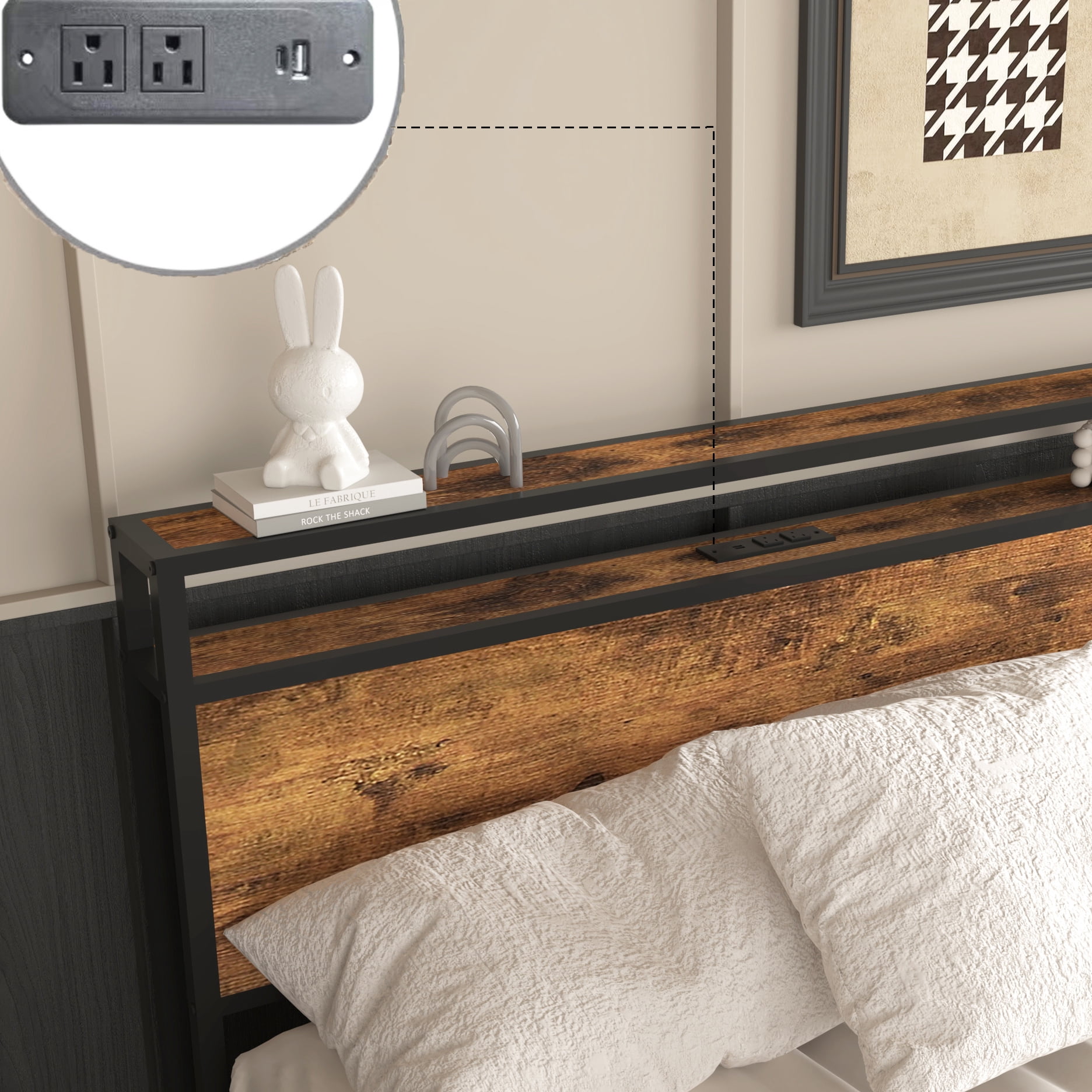 Miniyam Full Size Bed with Storage Drawers, Charging Station for Adult, Brown