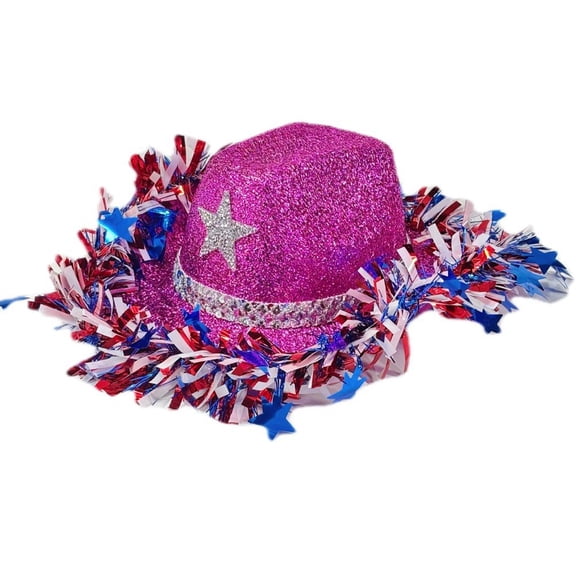 Hsqqdc Patriotic Sequin Cowgirl Hat, Red White Blue Tinsel Jazz Cap for 4th July