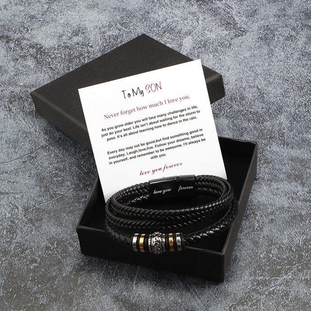 Pulsera tejida multicapa de acero para hombre, pulsera de cuero de moda de acero de titanio, juego de regalo con letras