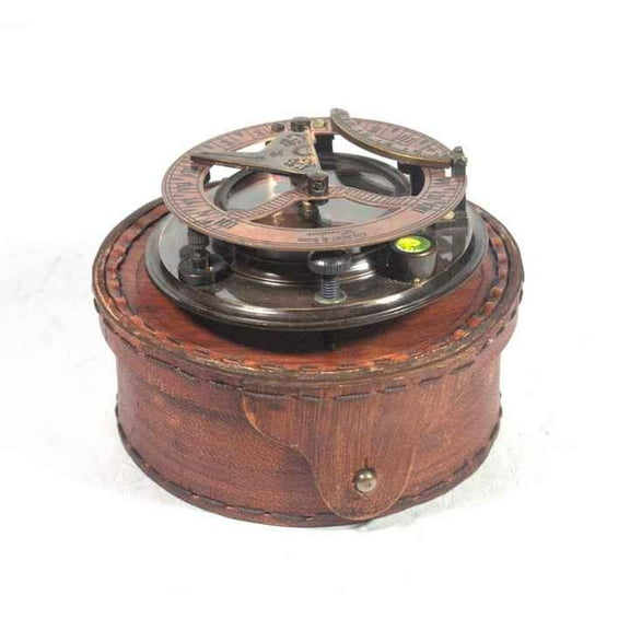 Antique Vintage Brass Sundial Compass Nautical Ship Sundial Clock in Keepsake Leather Gift Box Gift for Men & Women