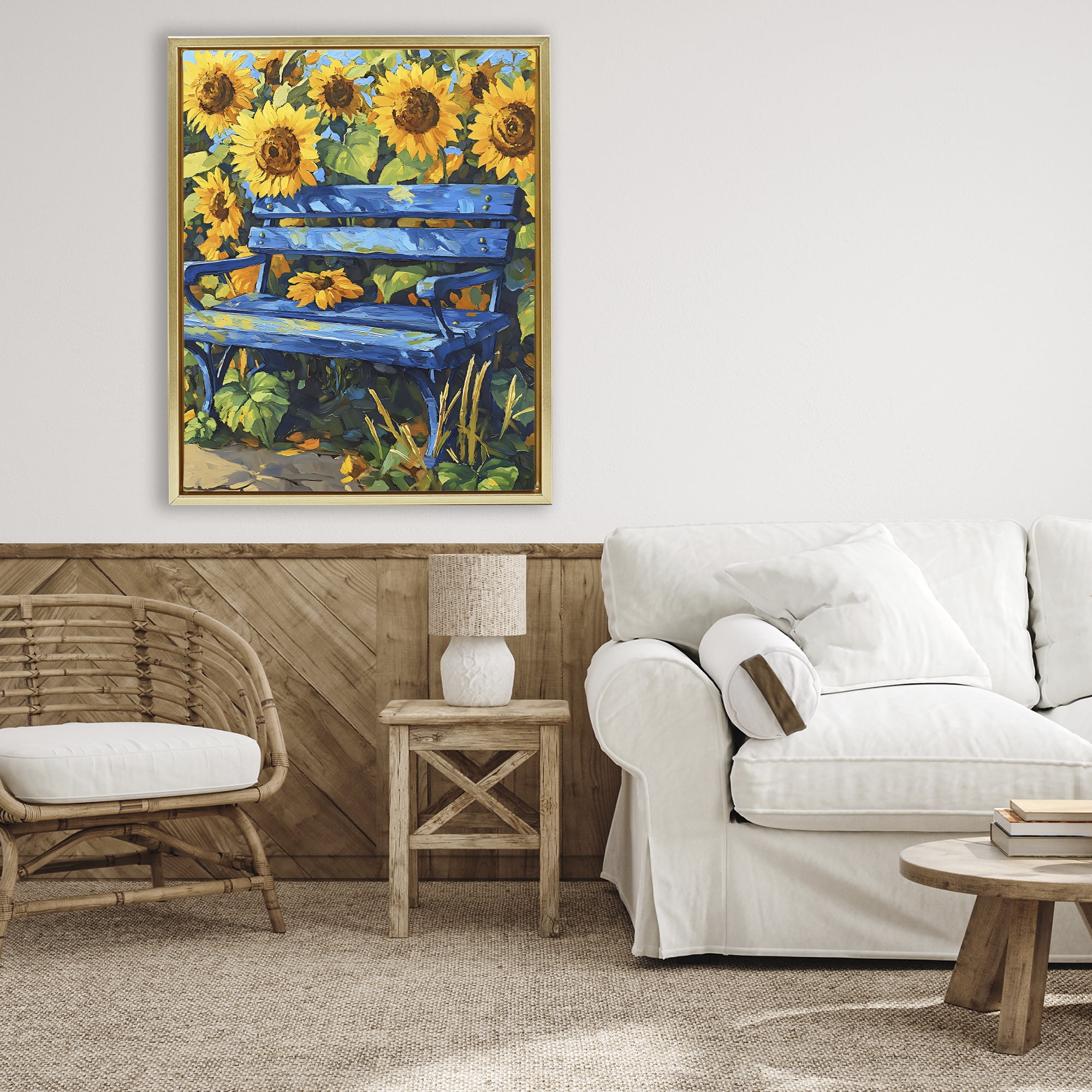 Stupell Industries Bench in Sunflower Field Gold Framed Floater Canvas Wall Art, design by Creative Studio