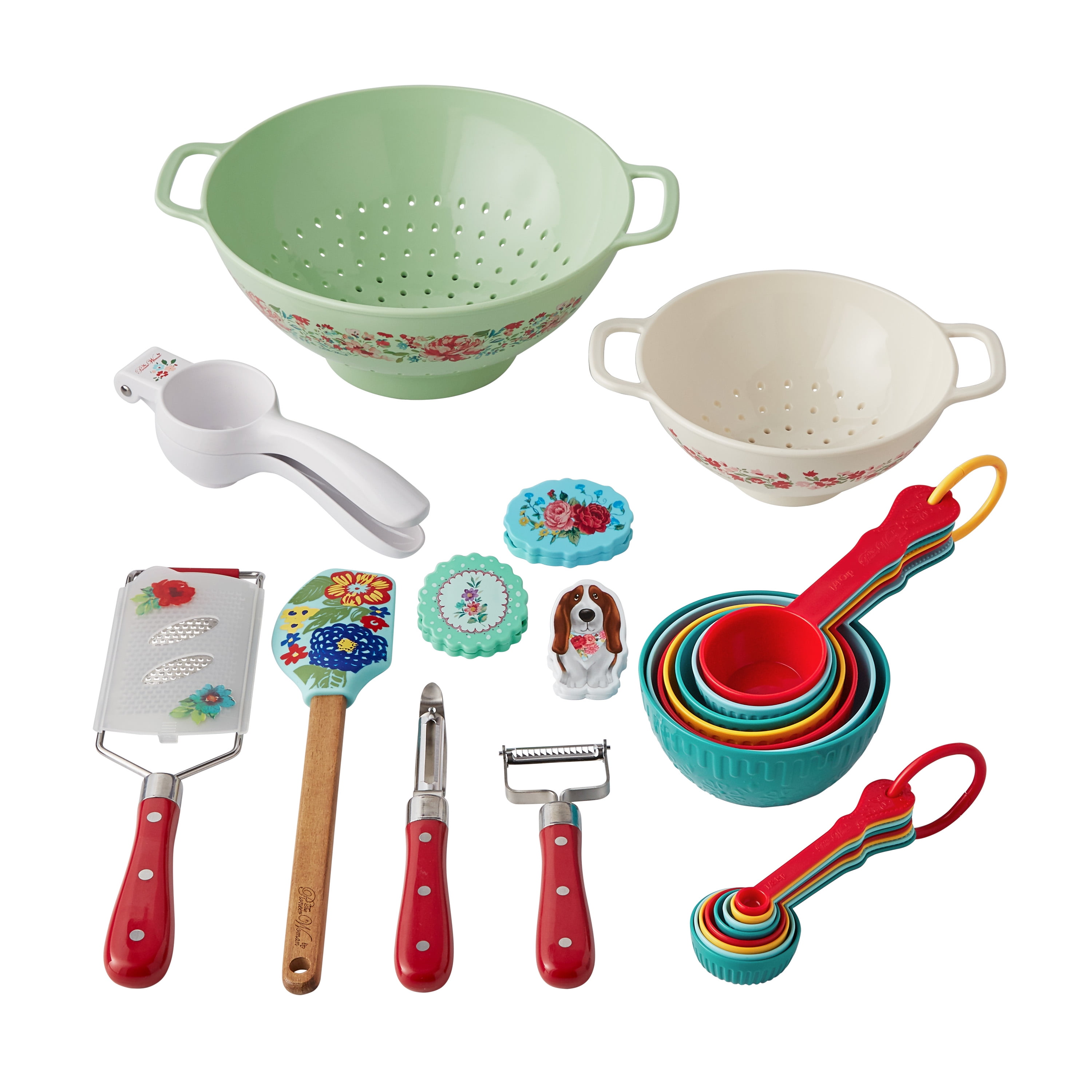 The Pioneer Woman 25-Piece Kitchen Set with Colanders, Measuring Cups, Grater, Citrus Press, Spatula, and Clips